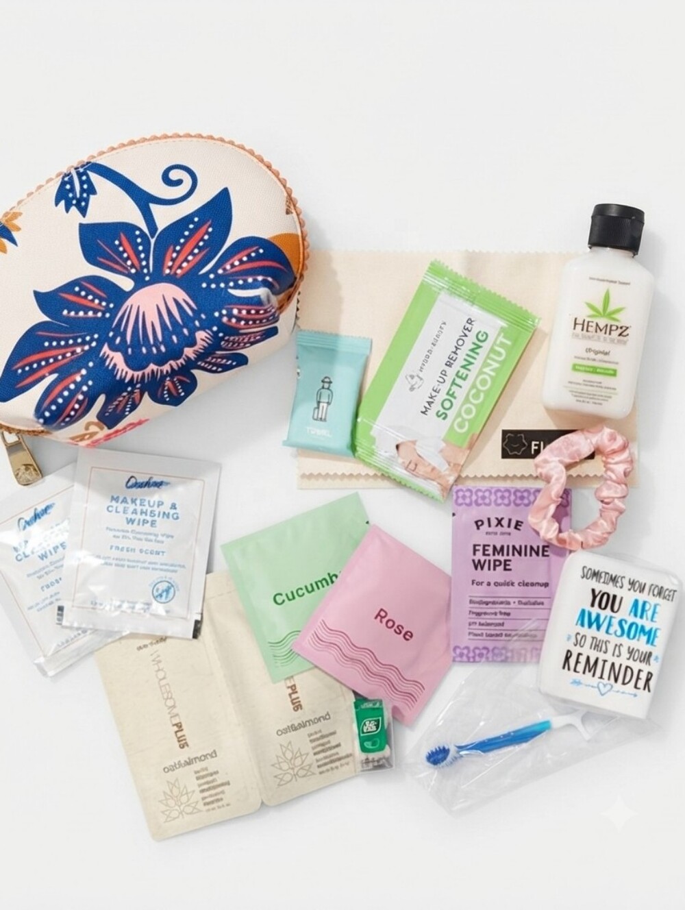 "Go Bag" Floral Cosmetic Pouch with Skincare & Travel Essentials